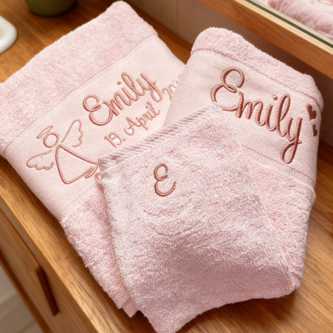 Personalisiertes Geschenk-Set zur Taufe & Kommunion: 3-teiliges Bad-Set mit Namen & Schutzengel (optional)